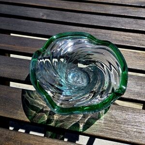 Hand blown green clear Art glass bowl 6" Wide 2" Tall